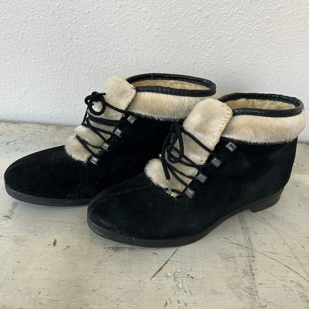 Vintage 70s Yodelers Aspen Black Suede Faux Fur Apres Ski Snow Ankle Boots 7